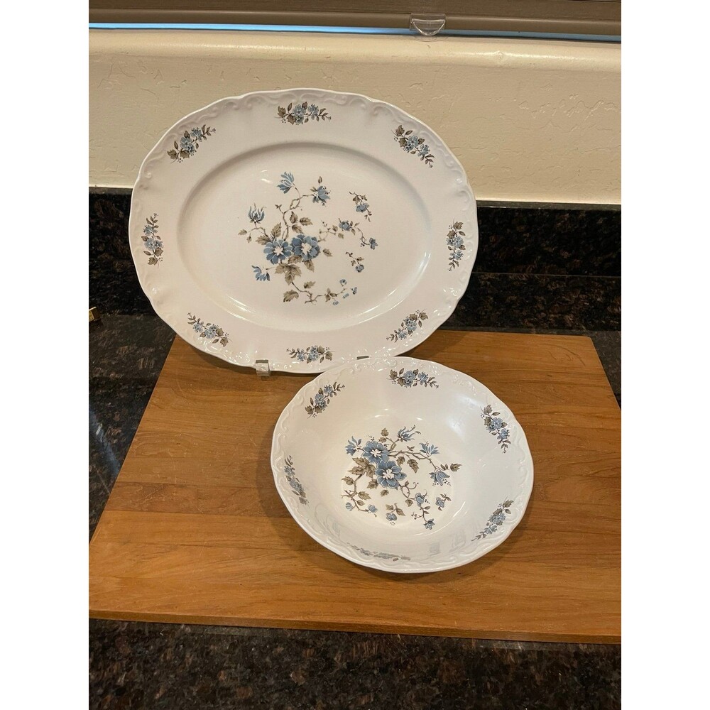 Blossomtime stoneware platter and serving bowl